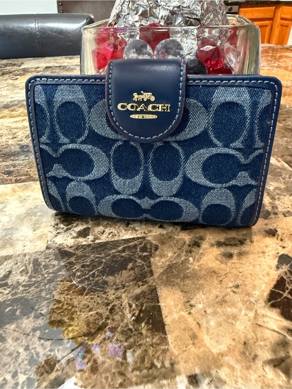 Coach Navy Blue Signature Denim Card Wallet with Gold Logo